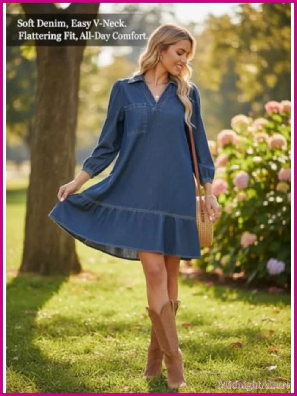Dokotoo Denim Dress for Women 3/4 Puff Sleeve Babydoll Jean Dress V Neck Mini